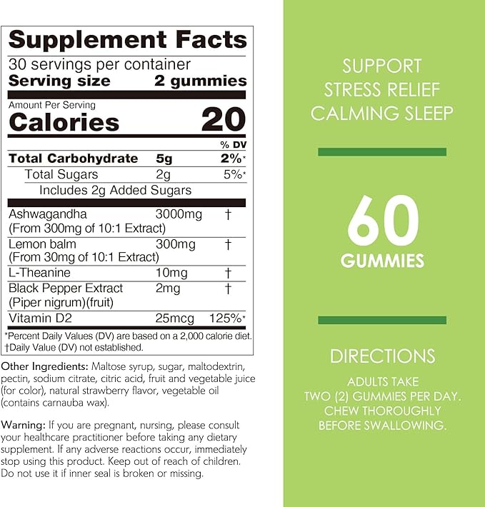 Nature's Key Upgraded 2.0 Ashwagandha Gummies, 3000mg Extra Potency Ashwagandha Supplement | with Vitamin D2, Lemon Balm, & Black Pepper ，for Stress Relief and Good Sleep (60 Count, Pack of 1)
