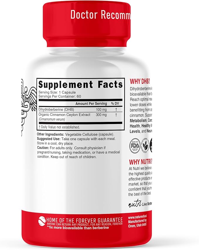 Nature's Fusions Dihydroberberine Supplement 100mg 60 Capsules - with Ceylon Cinnamon - 5X More Effective Than Regular Berberine HCL