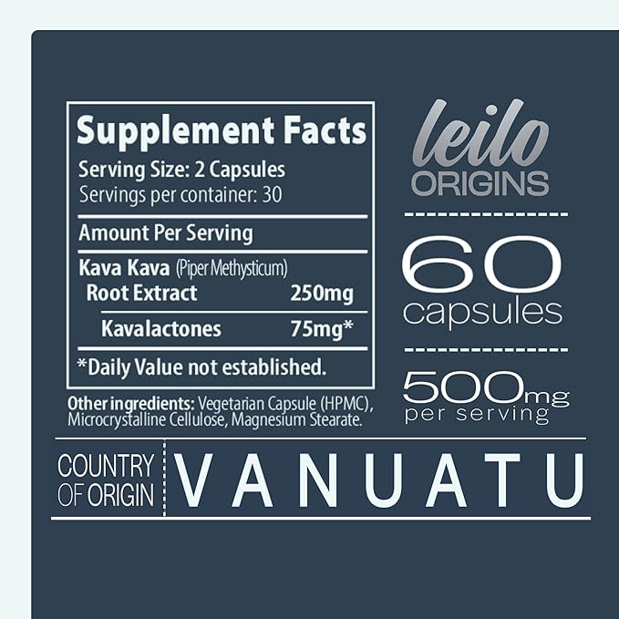 LEILO Kava Root Capsules | 500mg of Noble Extract/Serving to Support Stress and Promote Relaxation | (60 Vegan Capsules)