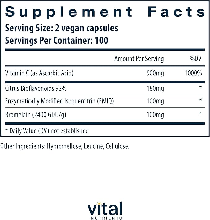 Vital Nutrients Aller-C | Vegan Respiratory and Sinus Function Support*| Isoquercitrin, Bromelain, Bioflavonoids, & Vitamin C | Gluten, Dairy, Soy Free Supplement | 200 Capsules