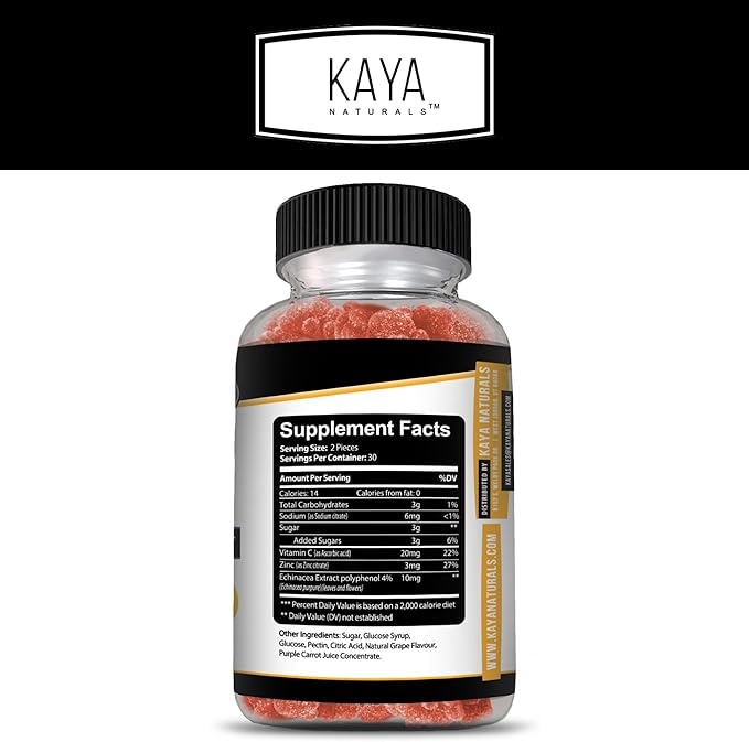 Kaya Naturals Immune Support Gummies, Zinc, Vitamin C, Echinacea, and Electrolytes, Immune Support Supplement, Caffeine Free, Non-GMO - Gluten Free - Great Flavored Gummy Vitamin Supplement 60 Count