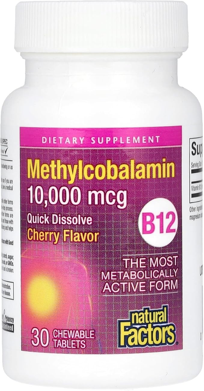 Natural Factors B12 Methylcobalamin, 10,000 mcg, Cherry, 30 Chewable Tablets