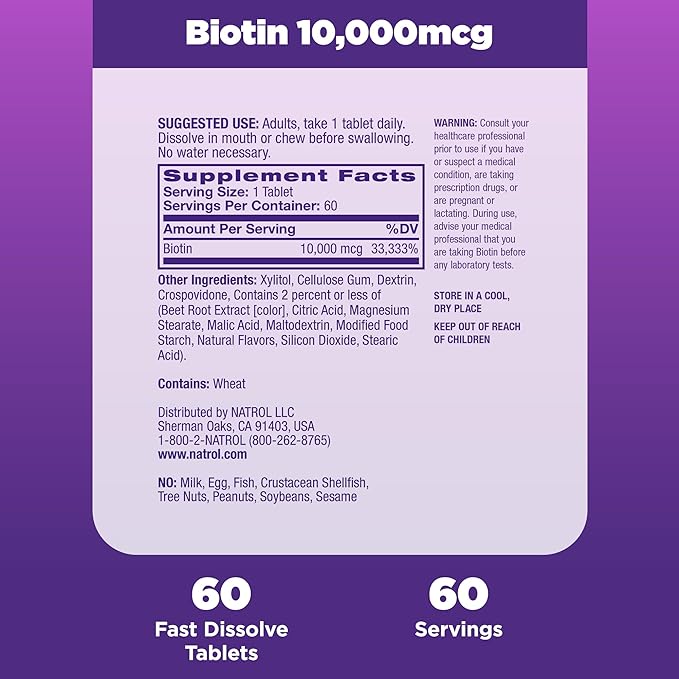 Natrol Beauty Biotin 10000mcg, Dietary Supplement for Healthy Hair, Skin, Nails and Energy Metabolism, 60 Strawberry-Flavored Fast Dissolve Tablets, 60 Day Supply (Pack of 12)