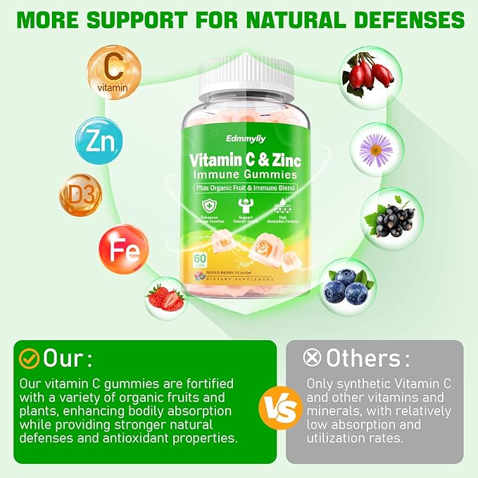 Organic Vitamin C Gummies for Adults - Chewable Vitamin C with Zinc & Iron and Vitamin D3 5000iu for Women Men - Immune Support Supplement Gummies