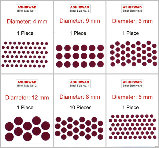 ASHIRWAD Maroon Bindi of Single Size 10 pcs and Different Sizes 1 pc each of No. 1, 2, 3, 4, 5, 6 (Maroon No. 4)