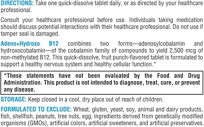 XYMOGEN Adeno+Hydroxo B12 - Non-Methylated (2,500mcg) - Quick-Dissolve B12 Lozenges with Adenosylcobalamin B12 + Hydroxocobalamin - Cognitive Support, Fruit Punch Flavor (60 Tablets)