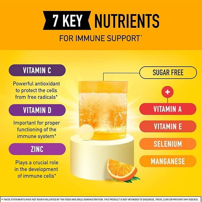 Airborne 1000mg Vitamin C + Zinc Sugar Free Multivitamin Immune Support Effervescent Fizzy Drink Tablets, Zesty Orange Flavor with Powerful Antioxidants Vitamins A C & E, 30 Tablets (2 Pack)