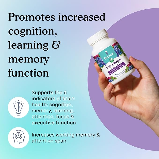 Because Brain Supplement for Memory & Focus - Proprietary Blend with Ginkgo Biloba - Supports Cognitive Function, Attention & Mental Clarity - Vegan, Gluten-Free, Non-GMO - 740mg Serving - 60 Capsules