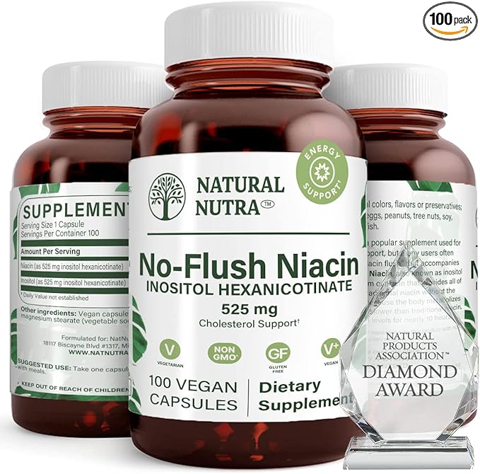 Natural Nutra No Flush Niacin, Vitamin B3 Supplement, Helps Improve Cardiovascular Health, Helps Improve Skin Texture, Promotes Better Brain Function, Helps Boost Energy Level 525 mg, 100 Capsules