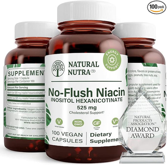 Natural Nutra No Flush Niacin, Vitamin B3 Supplement, Helps Improve Cardiovascular Health, Helps Improve Skin Texture, Promotes Better Brain Function, Helps Boost Energy Level 525 mg, 100 Capsules