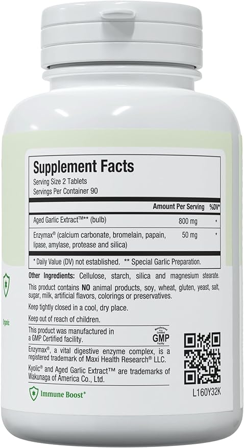 Maxi Health Kyolic Organic Garlic Supplement - Kosher Garlic Tablets with Kyolic Aged Garlic Extract for Immune Support - Vegetarian Garlic Pills (180 Count)