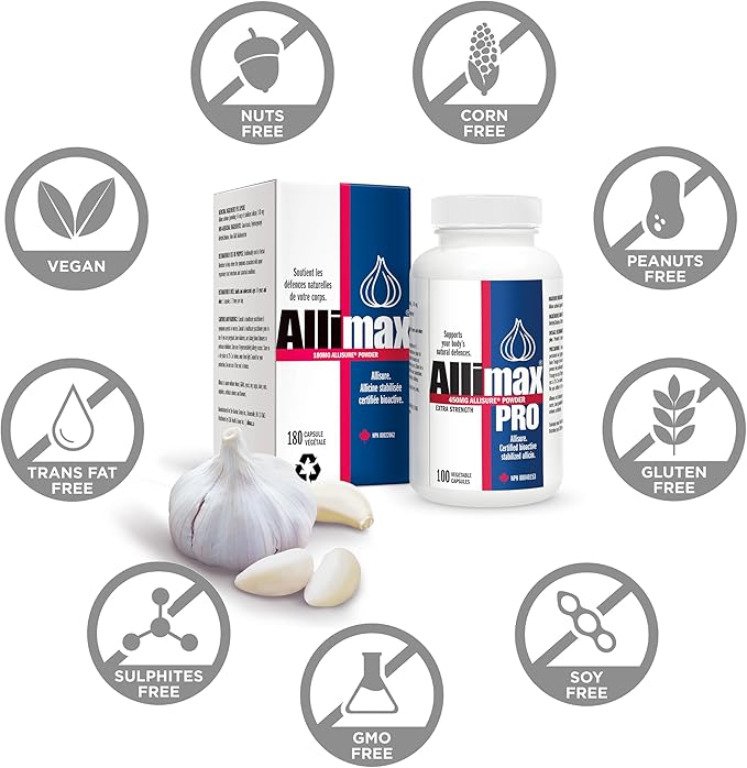 Allimax 180mg 180 Capsules. Supports Your Body’s Immune Function Through Natural Allicin, a Potent Organosulphur Compound Extracted from Clean and Sustainable Spanish Grown Garlic.
