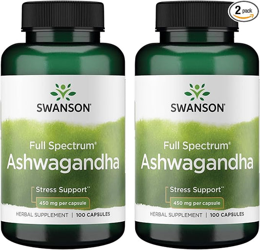 Swanson Ashwagandha Powder Supplement - with Ashwagandha Root to Promote Stress Relief & Energy - Ayurvedic Supplement for Natural Wellness (100 Capsules, 450mg Each) 2 Pack