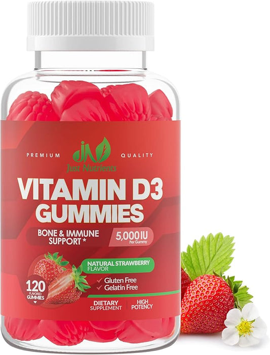 Vitamin D3 5000IU / 10,000IU Gummies for Adults & Kids (120 Count) - Maximum Strength Support for Immune System, Bones & Teeth - Gluten-Free, Non-GMO, Great Tasting Strawberry Flavor - 4 Month Supply