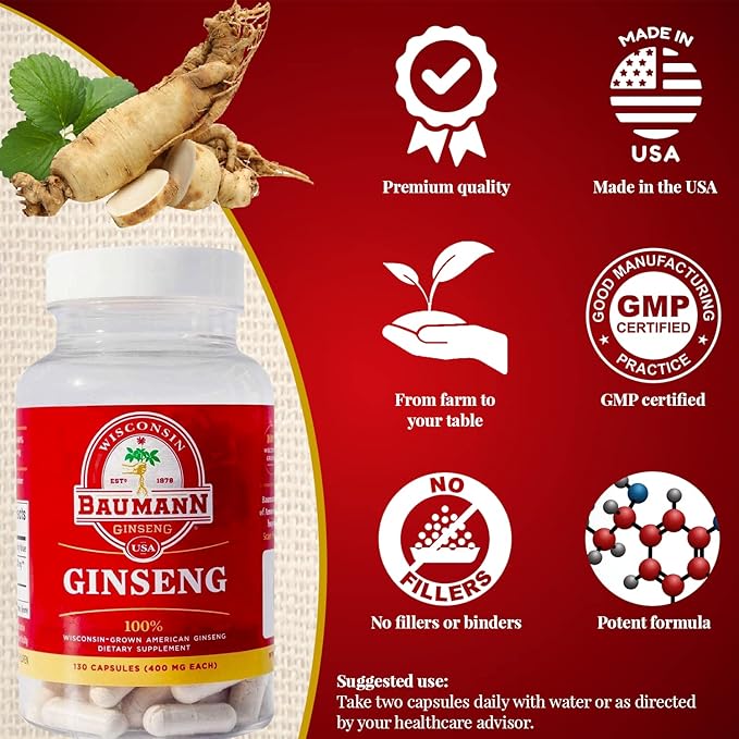 Baumann Wisconsin Ginseng Capsules 130 Pills 400 mg – Pure American Ginseng Root Extract Powder in Each Pill - 100% Natural Panax Ginseng Supplement for Immune Support, Focus and Energy