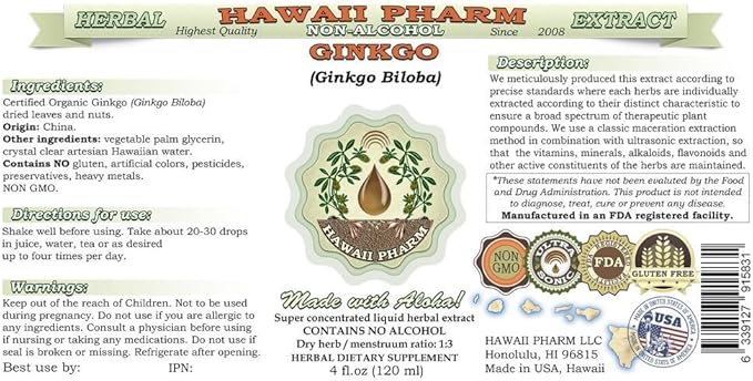 Ginkgo Alcohol-Free Liquid Extract, Organic Ginkgo (Ginkgo Biloba) Dried Leaf Glycerite Hawaii Pharm Natural Herbal Supplement 2x2 oz