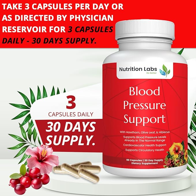 Blood Pressure Support and Cardiovascular Supplement W/ Hawthorn, Hibiscus - Nitric Oxide Support for Normal Blood Pressure Support W/ Vitamin B12 & Folic Acid - Garlic Supplements - 90 CT