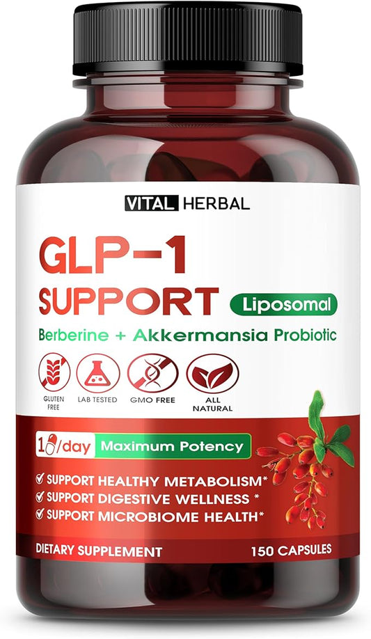 VITAL HERBAL Liposomal GLP-1 Support with Berberine & Akkermansia Probiotic Cinnamon – Supports Metabolism, Digestion & Microbiome Health – 150 Capsules – Made in The USA