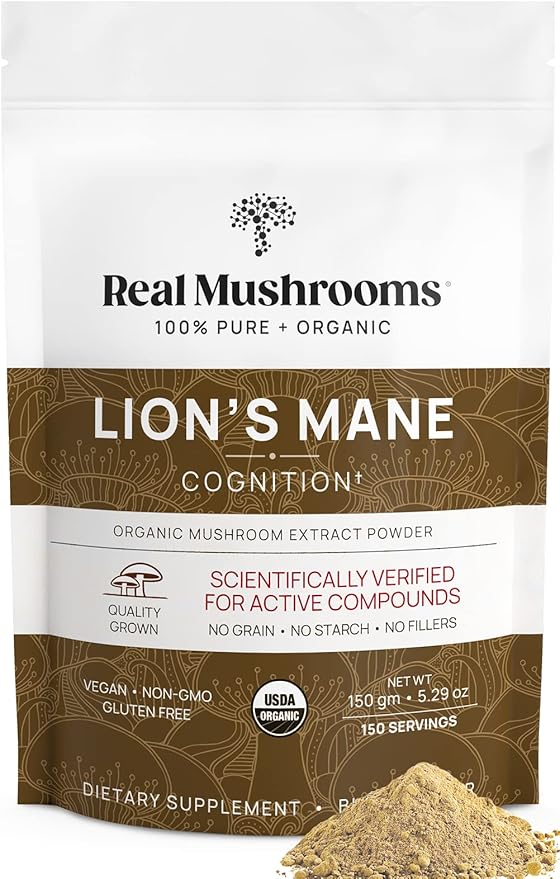 Real Mushrooms Lions Mane Powder - Organic Mushroom Extract for Cognitive Function Immune Support Brain Supplements Memory and Focus Vegan Supplement, 150 Servings
