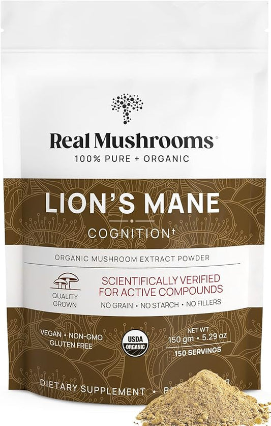 Real Mushrooms Lions Mane Powder - Organic Mushroom Extract for Cognitive Function Immune Support Brain Supplements Memory and Focus Vegan Supplement, 150 Servings