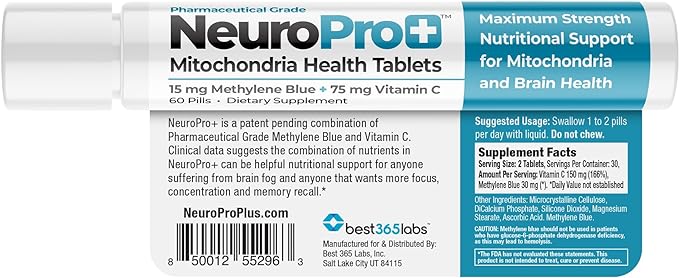 Best 365 Labs NeuroPro+ Maximum Strength Mitochondria Health Tablets - Methylene Blue and Vitamin C - Fast Acting Neuro Support - Improve Focus and Memory - 60 Tablets