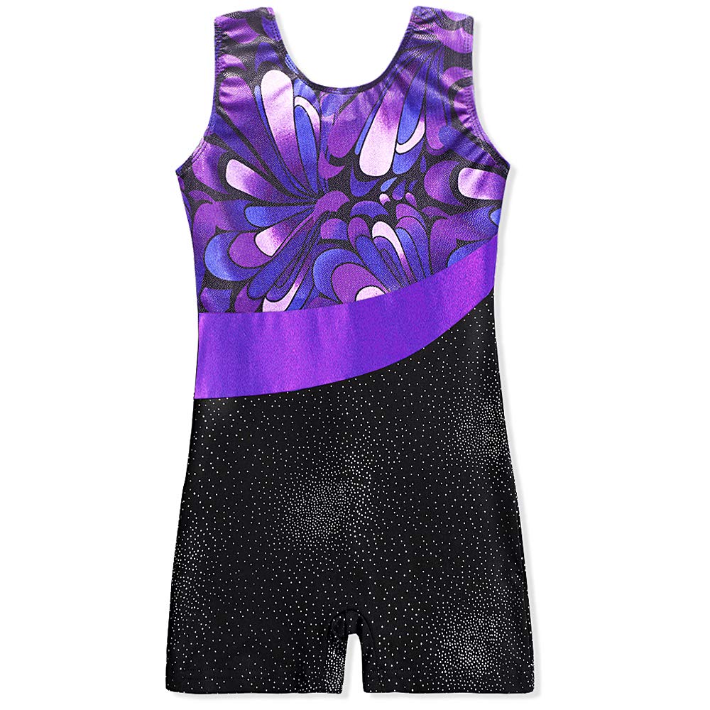 Girls Leotards Gymnastics with Shorts 3t 4t Sparkle Butterfly Flowers Pattern Sleeveless Biketards Hotpink Black (Purple, 100(3-4 years old))
