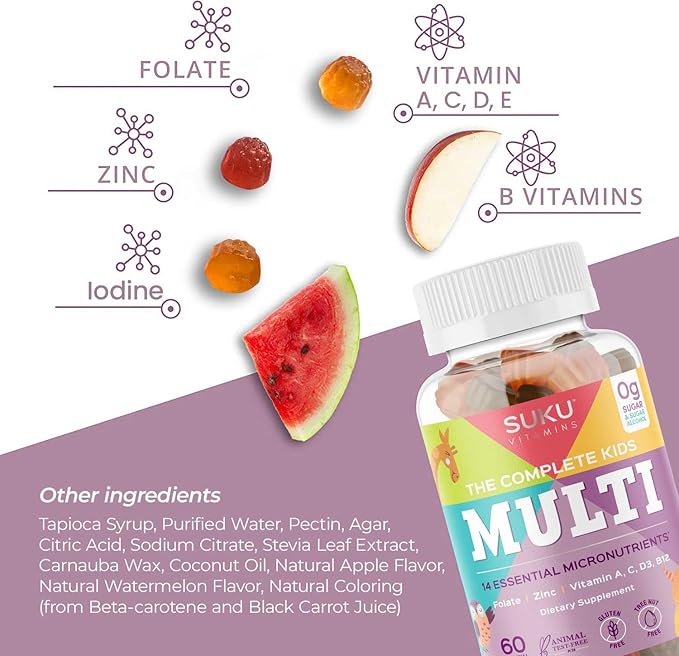 The Complete Kids Multi - Vitamin A, Folate, Zinc Gummies for Immunity Support -Easy to Chew- NonGMO, Allergen Gluten Sugar Free - Tropical Bonanza Flavored Gummy Vitamins - 60 Count