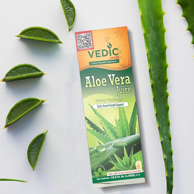 Vedic Juices Aloe Vera Juice, Aloe Supplement for Skin Nourishment, Aloe Pulp, Aloe Fiber, Gut Health and Immune Support, Aloe Juice with No Added Sugar, Parabens, or Artificial Colors, 1 Liter…