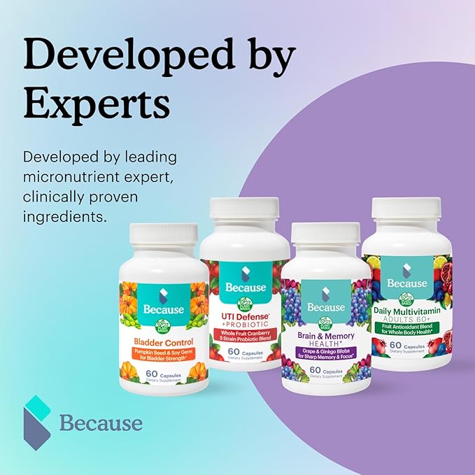 Because Brain Supplement for Memory & Focus - Proprietary Blend with Ginkgo Biloba - Supports Cognitive Function, Attention & Mental Clarity - Vegan, Gluten-Free, Non-GMO - 740mg Serving - 60 Capsules