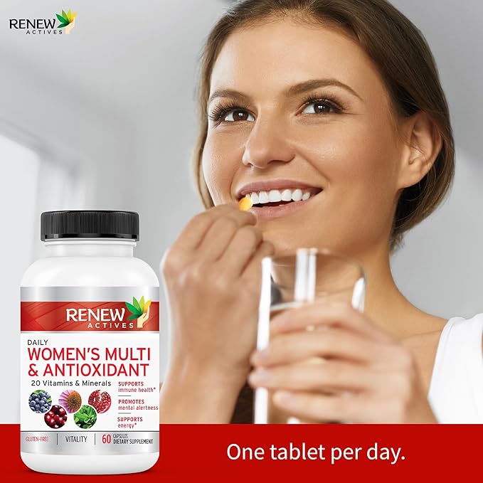 Renew Actives Women's Multi-Vitamin & Antioxidant: Daily Health Supplement - 22 Vitamins & Minerals for Energy & Mental Alertness, 2 Capsules per Serving - 60 Capsules