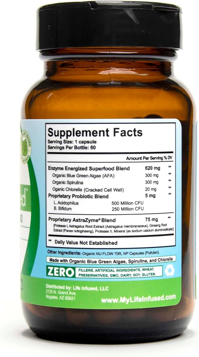 Life Infused Algae Infused - Premium Green Superfood Blend, Spirulina, Chlorella, Probiotics & Enzyme for More Energy, Digestion, Detox & Immune Support: 60 Caps