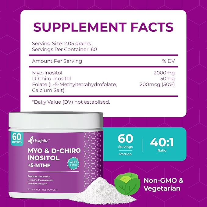 PCOS Supplement for Women - Boost Fertility, Hormonal Balance, and PCOS Support - Myo-Inositol, D-Chiro Inositol, Active Folate - High Potency PCOS Supplements (60 Servings, 129g Jar)