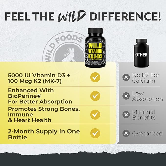 Wild Foods 5000iu Vitamin D3 + K2 | (100mcg Mk7) with Black Pepper Extract, Plant-Based, Non-GMO, Soy & Gluten-Free | Dietary Supplement | Made in USA | 60 Capsules