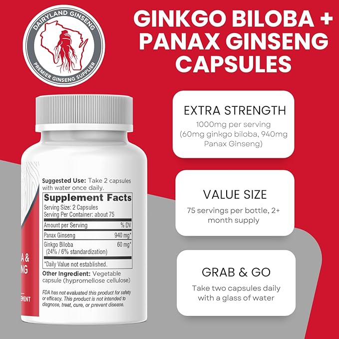 Dairyland Management Panax Ginseng + Gingko Biloba Capsules 150ct 1000 mg of Panax Ginseng, 60 mg of Gingko Biloba per Serving