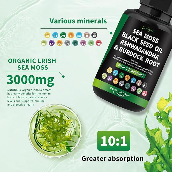 Sea Moss Capsules: Sea Moss Black Seed Ashwagandha Bladderwrack Burdock Root Multi-Blend Vitamin D3 C Vitamin 60 Capsules 30 Day Supply