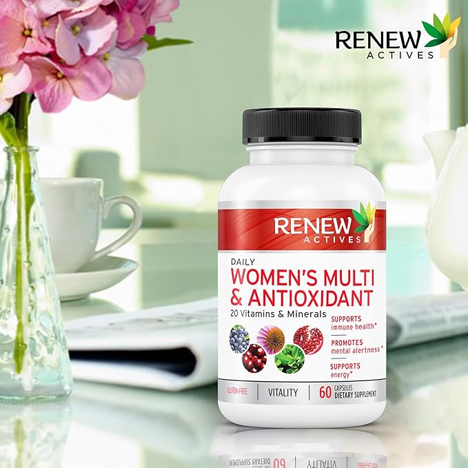 Renew Actives Women's Multi-Vitamin & Antioxidant: Daily Health Supplement - 22 Vitamins & Minerals for Energy & Mental Alertness, 2 Capsules per Serving - 60 Capsules