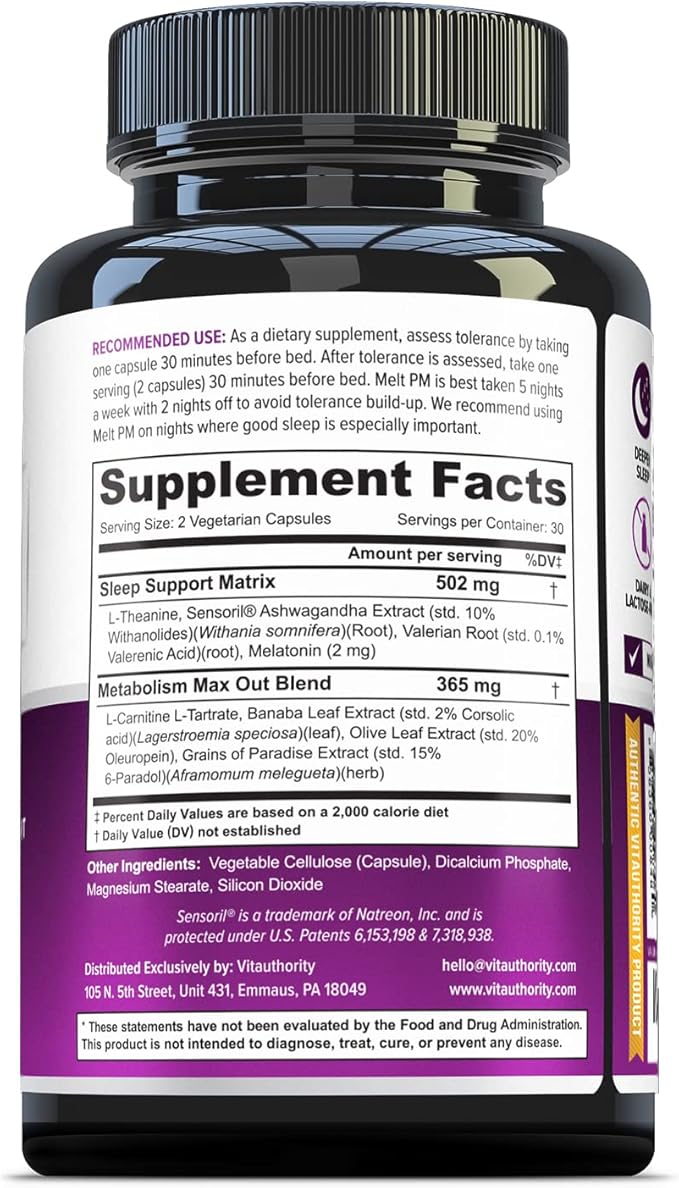 Vitauthority MELT PM Nighttime & Weight Loss Pills: Naturally Support More Restful Sleep, with Ashwagandha & L-Theanine - 30 Servings