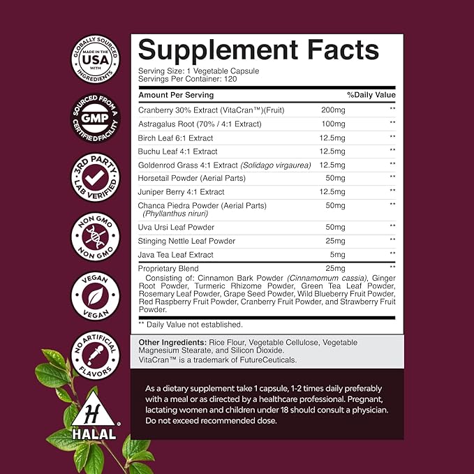 Kidney Support Supplement - High Strength Kidney Cleanse, Detox & Repair Cranberry Extract Capsules with Uva Ursi, Stinging Nettle & Chanca Piedra - Urinary Tract Health & Bladder Cleanse - 120 Caps
