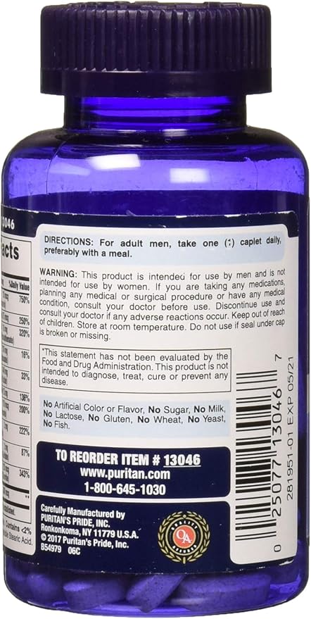 Puritan's Pride One Daily Mens Multivitamin Caplets, 100 Count (Pack of 2)