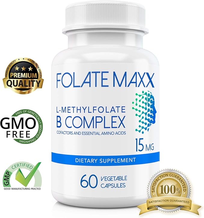 FolateMaxx L-Methylfolate + B12 Methylcobalamin & B6 Blend (15mg) - 60 Capsules - Active B-Complex with Cofactors & Essential Amino Acids - Non GMO, Gluten Free, No Fillers