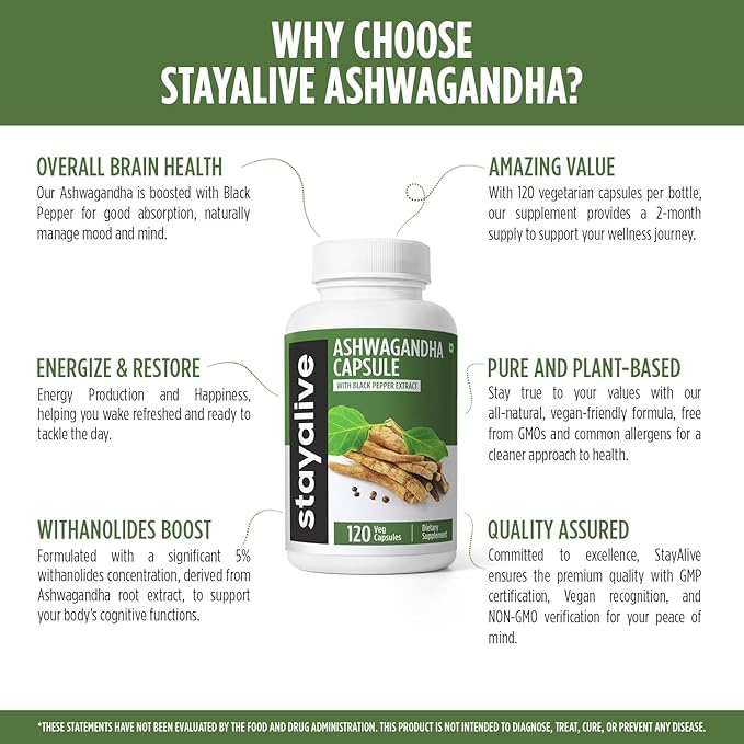 STAY ALIVE Ashwagandha with Black Pepper, 10:1 Extract, 120 Pills, 100% Pure Root Powder, Extra Strength Capsules, Non-GMO & Gluten Free Ashwagandha Supplements for Women and Men