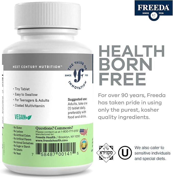 Freedavite Tiny Tablet - Moderate Multivitamin for Men and Women - Vitamin A, C, D, E, B1, B2, B6, B12, Biotin, Calcium, Zinc, Iron, Magnesium, Manganese, Copper, Selenium, Iodine - 100 Count