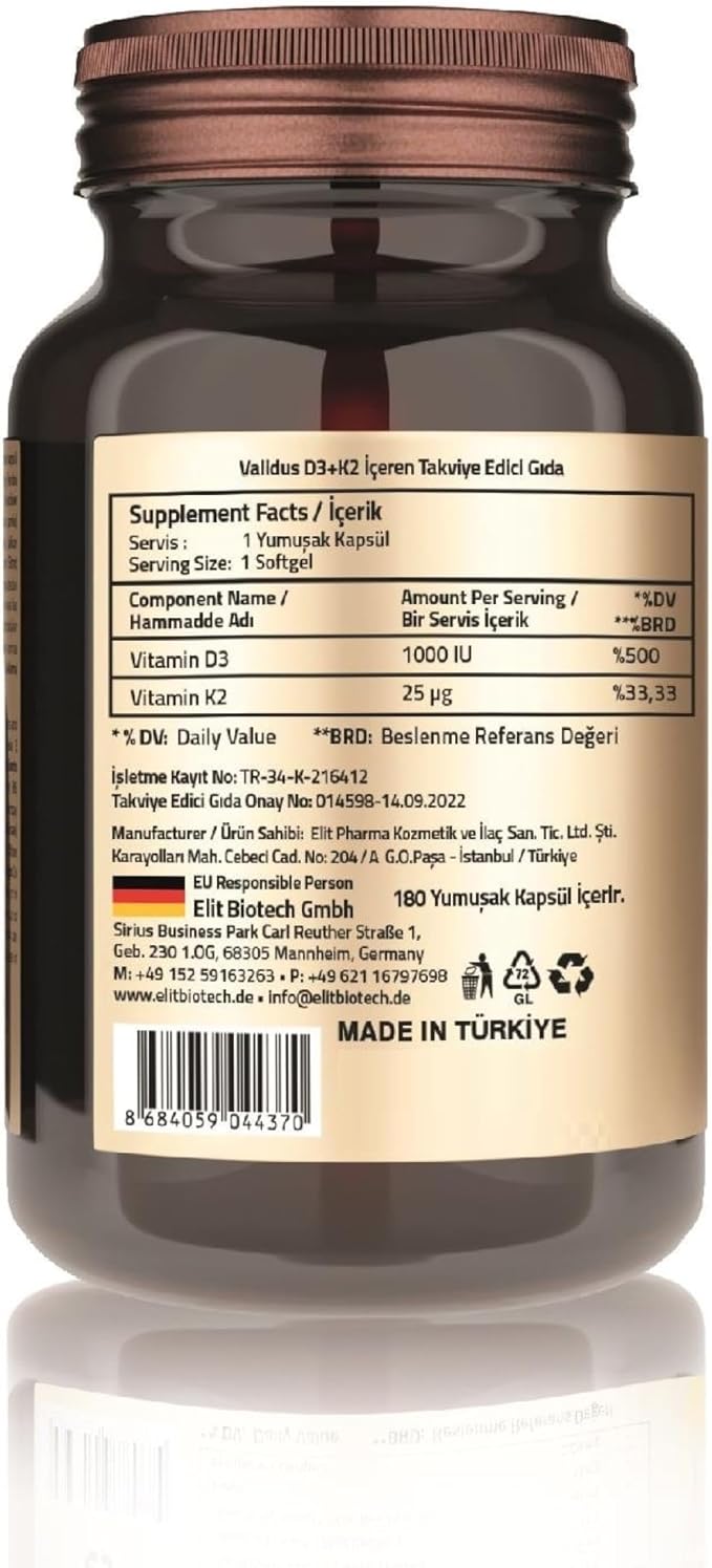 Validus Premium Formula Vitamin D3 + K2 Supplement High Potency 1000 IU D3 & 25mcg K2 - Supports Bone Health, Heart Health, Immune System, Enhanced Calcium Absorption - Non-GMO, Gluten-Free (180)