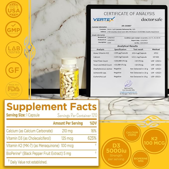 DOCTOR SAFE Vitamin D3 K2 with Calcium & BioPerine MK7 + D3 5000iu US-Made Non-GMO Gluten-Free Soy- Free (120 Capsules - 4 Month Supply)