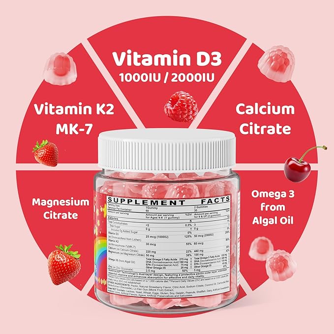 Vitamin D3 K2 Filled Gummies for Kids & Adults, 1000IU/2000IU D3 + K2(MK-7) with Calcium, Magnesium & Algal Omega 3(EPA/DHA) for Bones, Teeth, Muscles, Brain, Low-dose Vitamins, Sugar-Free, 60 Chews