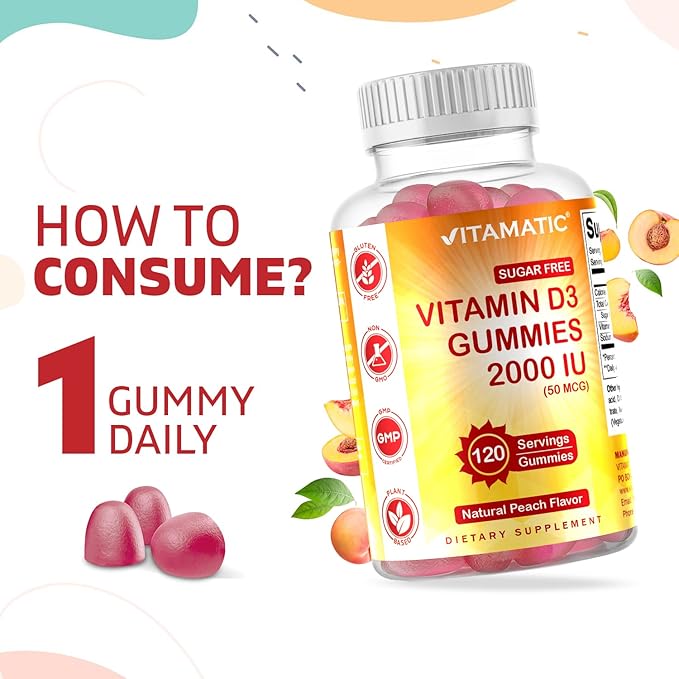 Vitamatic Sugar Free Vitamin D3 2000 IU - 120 Pectin Based Gummies - Great Taste - Healthy Bones, Mood & Immune System Function - Non-GMO - 120 Servings