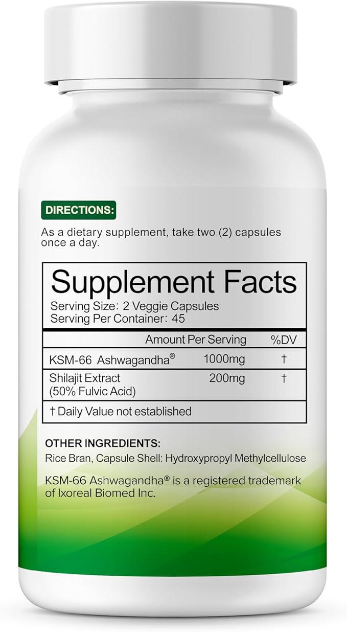 KSM-66 Ashwagandha and Shilajit Extract Capsules (90 Capsules / 45 Servings, 1000 mg KSM-66 Per Serving) | Premium Ashwagandha Root Extract - Gluten Free, Non-GMO