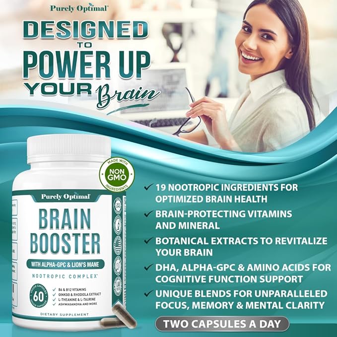Purely Optimal Brain Supplement for Memory and Focus - Nootropic Support with Lion’s Mane, Alpha-GPC, Ginko Biloba, & Bacopa Monnieri - 60 Capsules