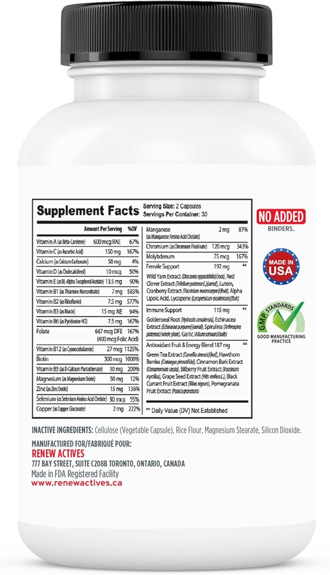 Renew Actives Women's Multi-Vitamin & Antioxidant: Daily Health Supplement - 22 Vitamins & Minerals for Energy & Mental Alertness, 2 Capsules per Serving - 60 Capsules