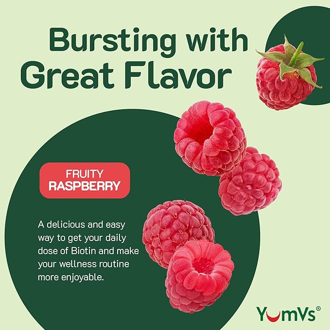 YumVs Biotin Gummies 5000mcg - Luscious Raspberry Flavor - Thicker Faster Hair Growth Gummies for Women or Men - Hair, Skin & Nails Vitamins - Hair Gummies - Vegetarian Biotin Supplement (60 Count)